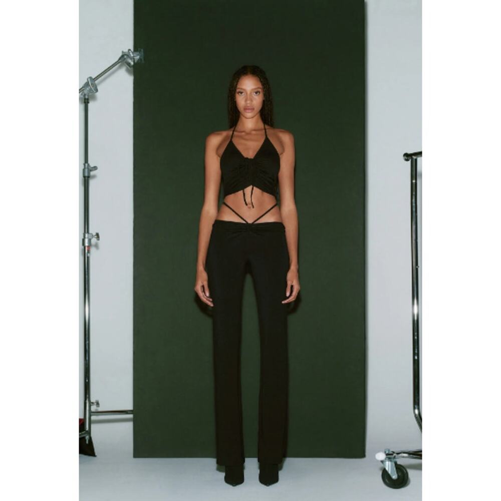 IAmGia Halo Pant Women's Sze S Black Mid Rise Straight Leg Ruched Self Tie Waist